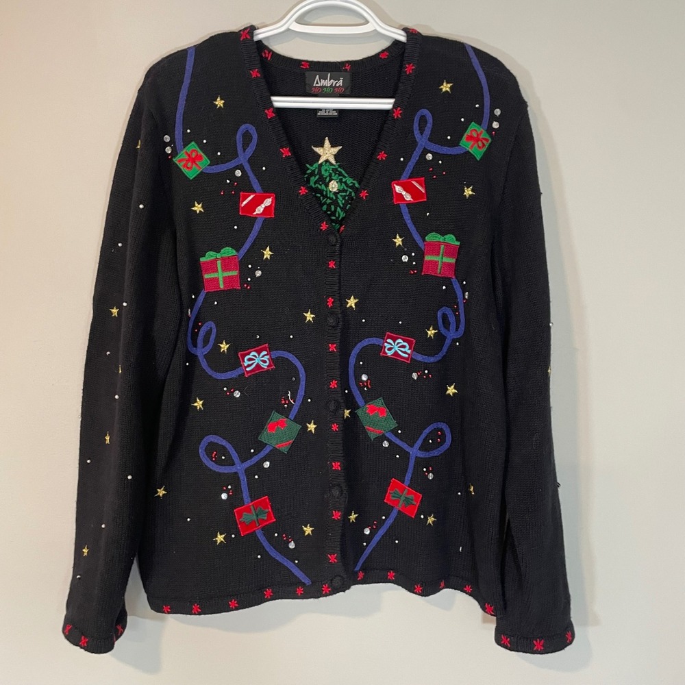 VTG Ambra Ho Ho Ho Womens L Black Embroidered Christmas‎ Tree Cardigan Sweater